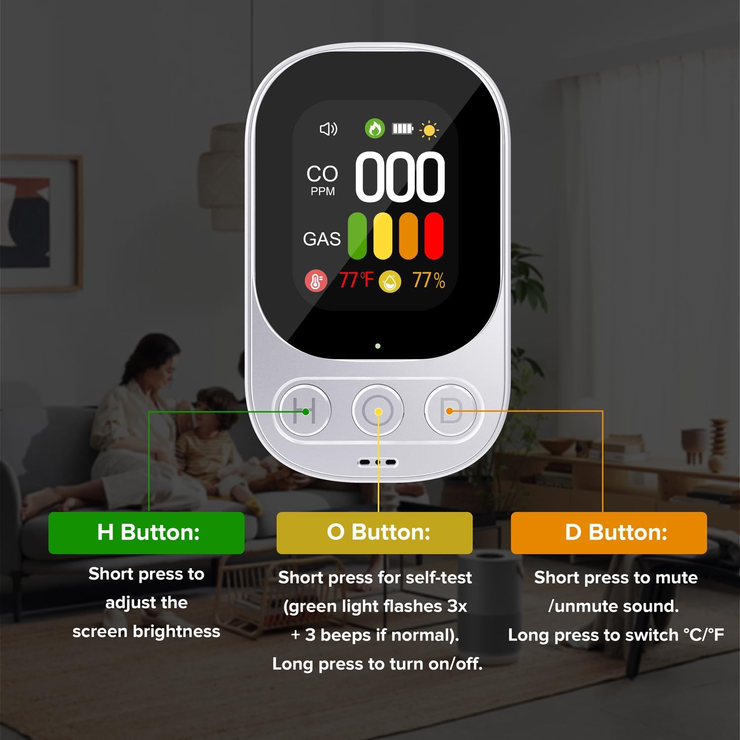 [2 Pack] 4-in-1 Carbon Monoxide Detectors Plug in, Portable Carbon Monoxide Detector with Battery Backup, HD Digital Display for CO, Gas, Temperature & Humidity Ideal for Home, Travel, Safety