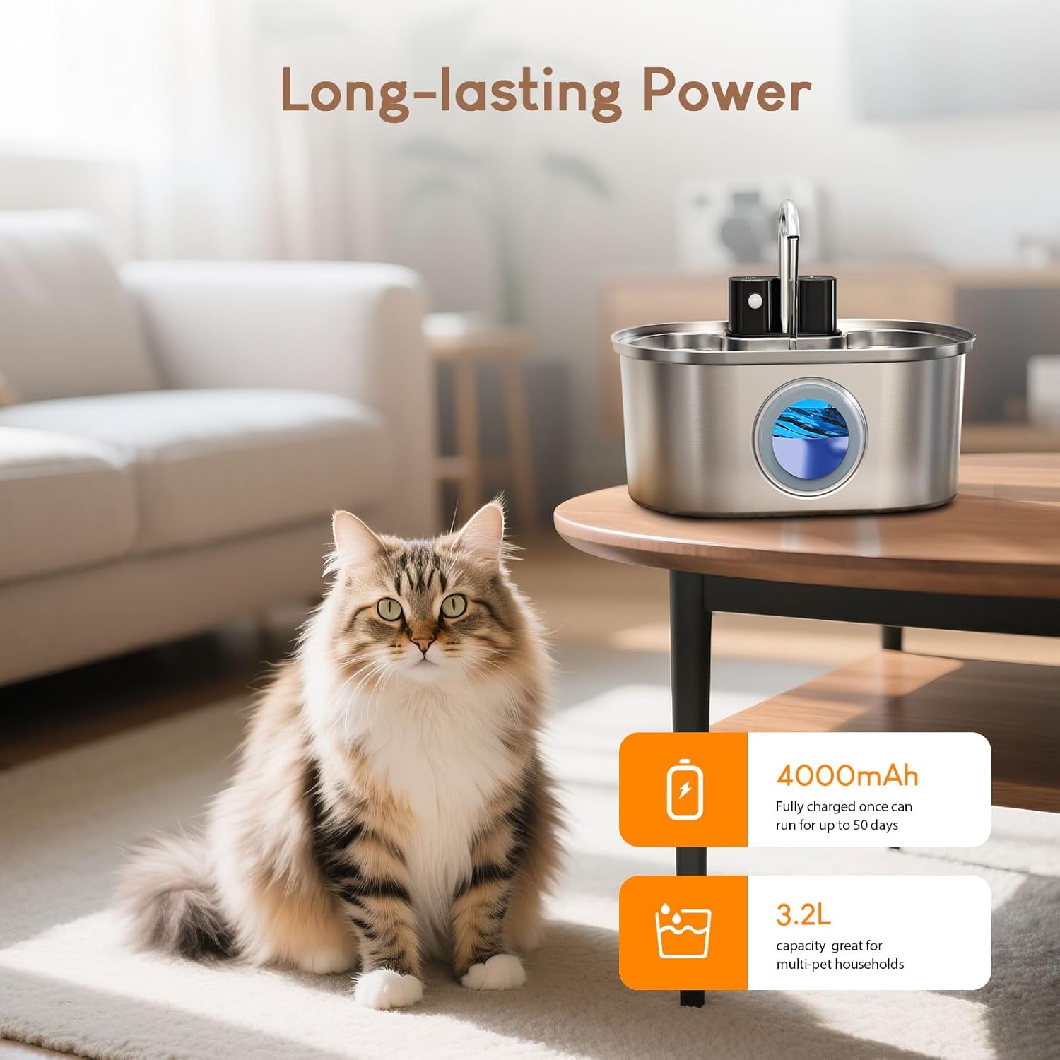 Wireless Cat Water Fountain Stainless Steel:108oz/3.2L Battery Operated Cat Fountains for Drinking Indoor, Automatic Pet Water Dispenser with Motion Sensor,Ultra Quiet Pump,Multi-Filtration(2 Filters)