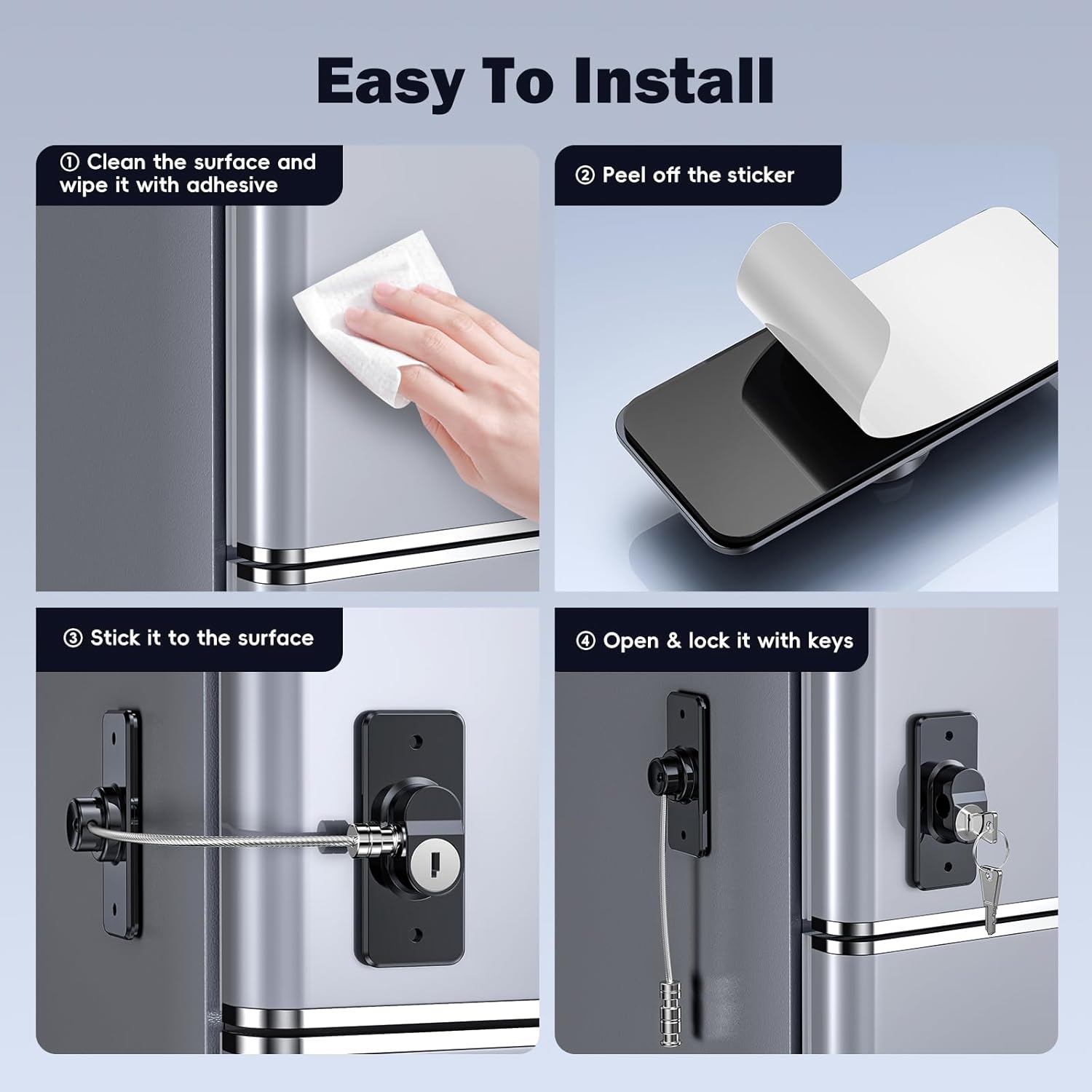 4 Pack Refrigerator Door Lock with Adhesive, No Tools Required, Child Proof Fridge Door Lock for Kids and Pets, Self Adhesive Latch for Freezer, Cabinets, Drawers, Windows (Patent)