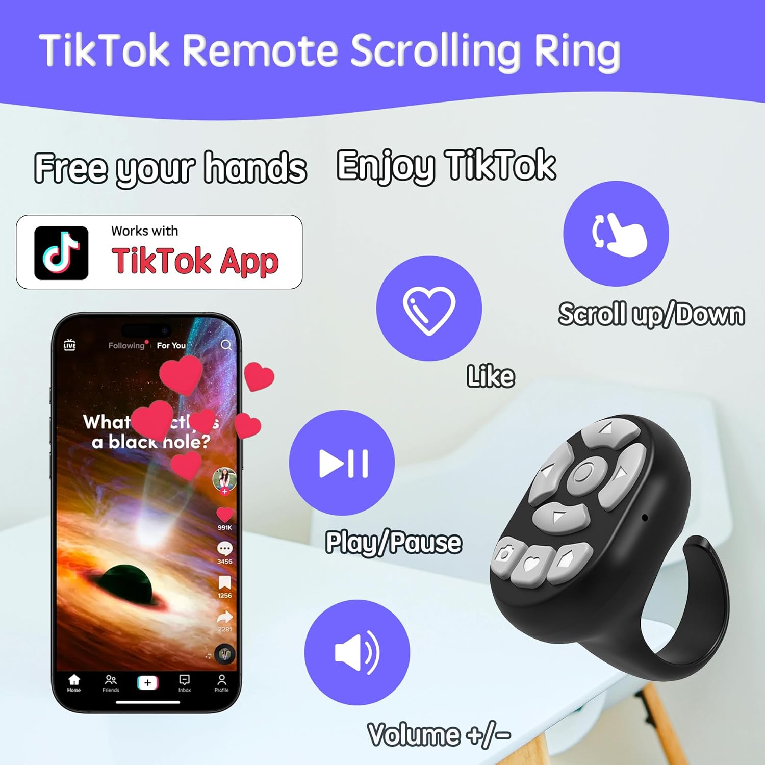 TikTok Scrolling Ring Microphone Remote Control,Fingertip Wireless Bluetooth Remote Control;for iPhone,Google Pixel,Samsung Phone (Pink)