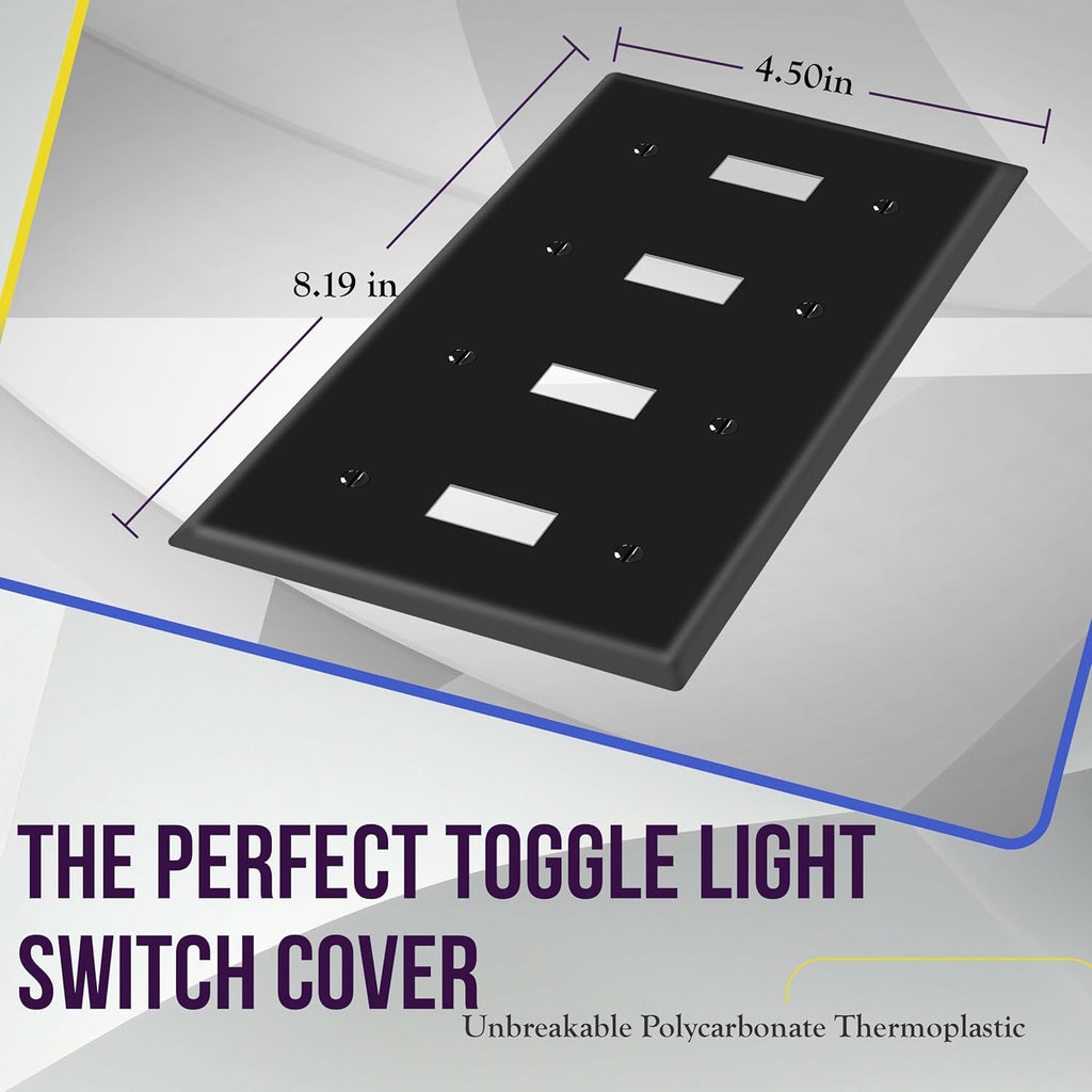 ENERLITES Quad Toggle Light Switch Wall Plate, Four Gang Light Switch Cover, Standard Size 4-Gang 4.50" x 8.19", Unbreakable Polycarbonate Thermoplastic, 8814-BK-2PCS, Black (2 Pack)