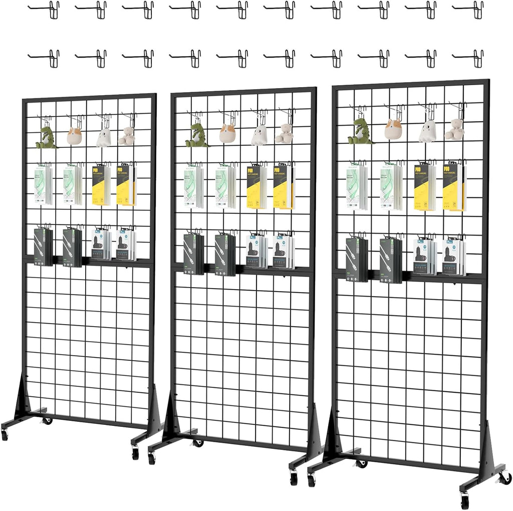 3-Pack 2'x5.5' Ft Gridwall Panel Display Stands Heavy Duty Floor Standing Retail Display Rack with Triangle Base for Retail Art Show With 20 Hooks Christmas and Thanksgiving Outdoor Decoration Display Stand (1)