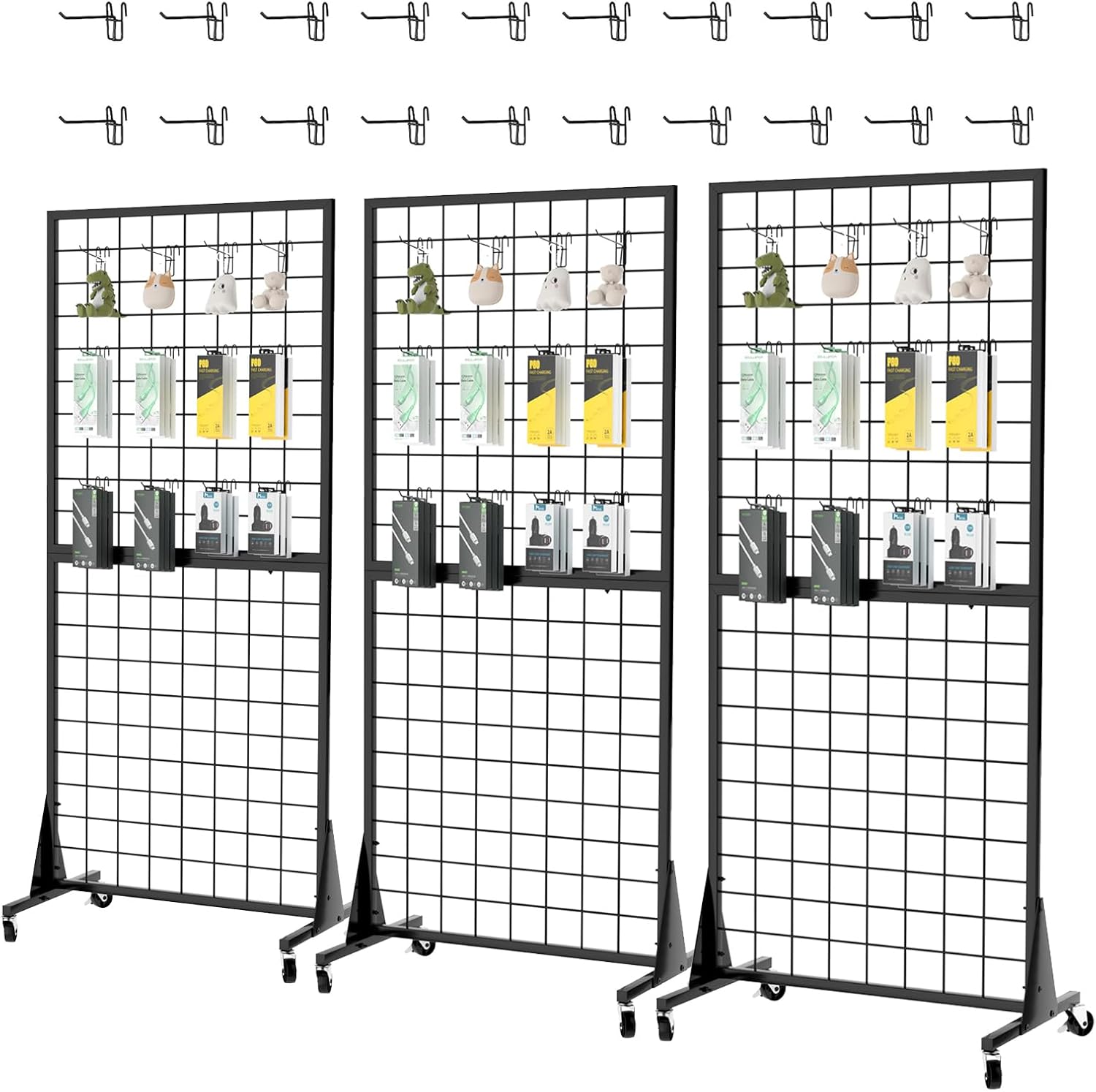3-Pack 2'x5.5' Ft Gridwall Panel Display Stands Heavy Duty Floor Standing Retail Display Rack with Triangle Base for Retail Art Show With 20 Hooks Christmas and Thanksgiving Outdoor Decoration Display Stand (1)