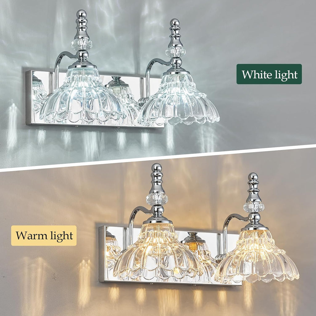 Vintage Bathroom Vanity Light, 2-Light Chrome Vanity Lighting Fixture with Flower Glass Shade, Bathroom Lighting Fixtures Over Mirror
