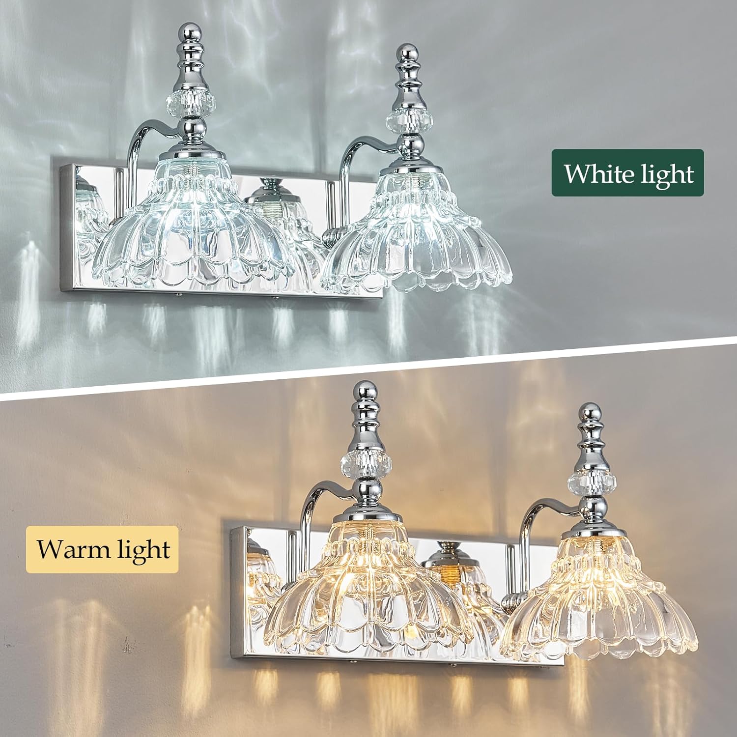 Vintage Bathroom Vanity Light, 2-Light Chrome Vanity Lighting Fixture with Flower Glass Shade, Bathroom Lighting Fixtures Over Mirror