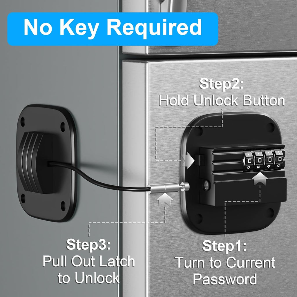 Fridge Lock with Combination, No Key Required, Upgrade Refrigerator Lock with Adhesive and Screws, Freezer Cabinet Pantry Drawer Latch to Keep Door Closed, for Kids Adults Cats & Dogs, Black