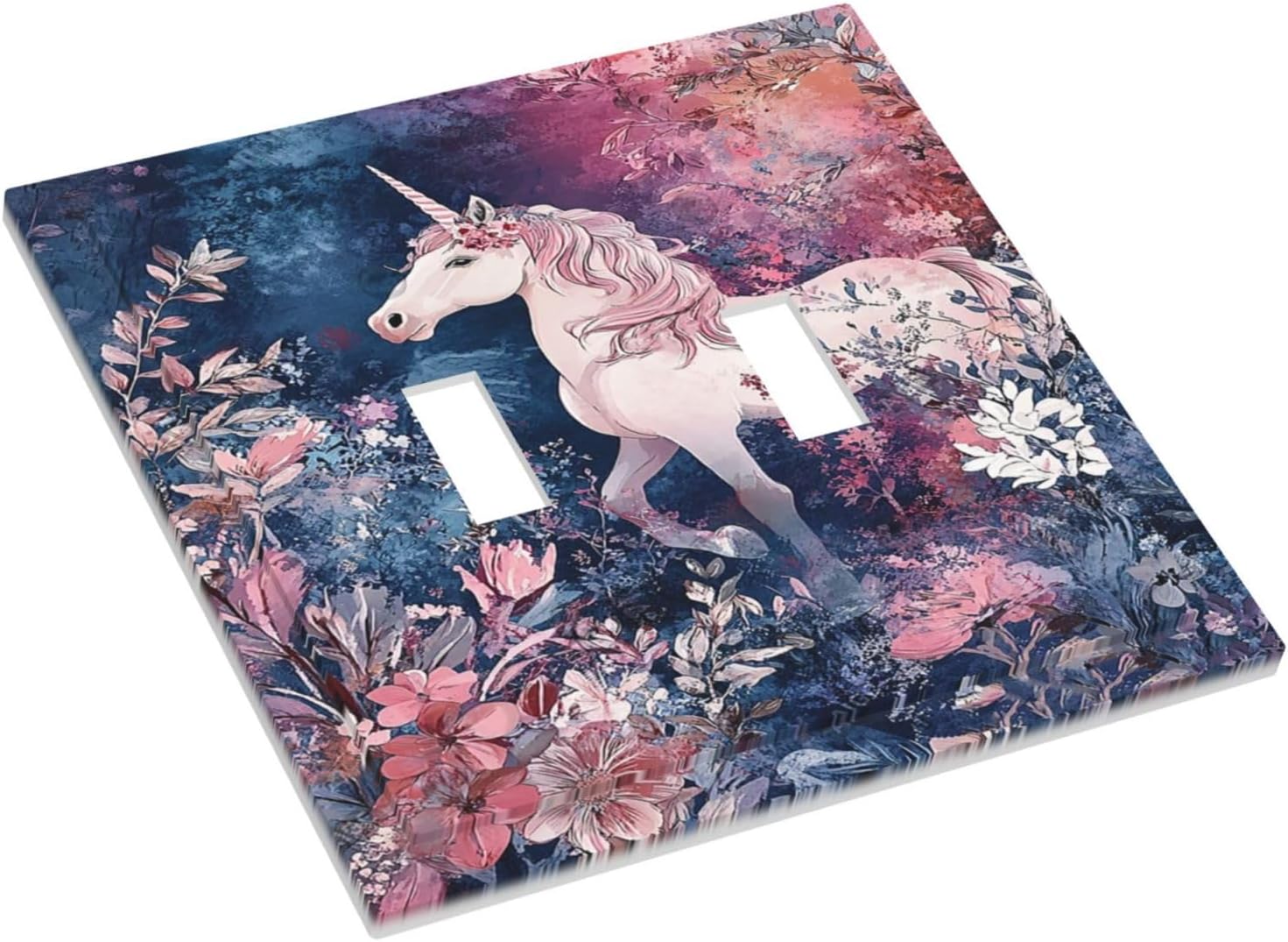 Decorative Switch Plate Covers Fantastic Pink Unicorn Wildflower Forest 2 Gang Double Toggle Light Switch Cover Plate Electrical Wall Plate Outlet Cover for Bedroom Kids room Decor