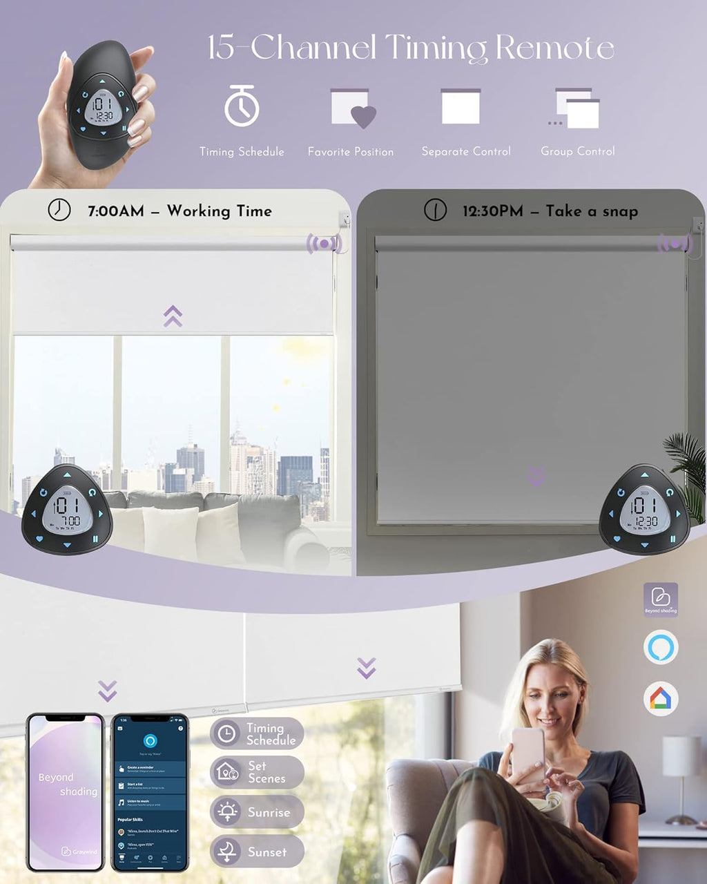 Graywind Motorized Shades 100% Blackout Compatible with Alexa Google WiFi Smart Hardwired Window Shade Remote Control Thermal Insulated Electric Blinds, Customized Size (WhiteSmoke)