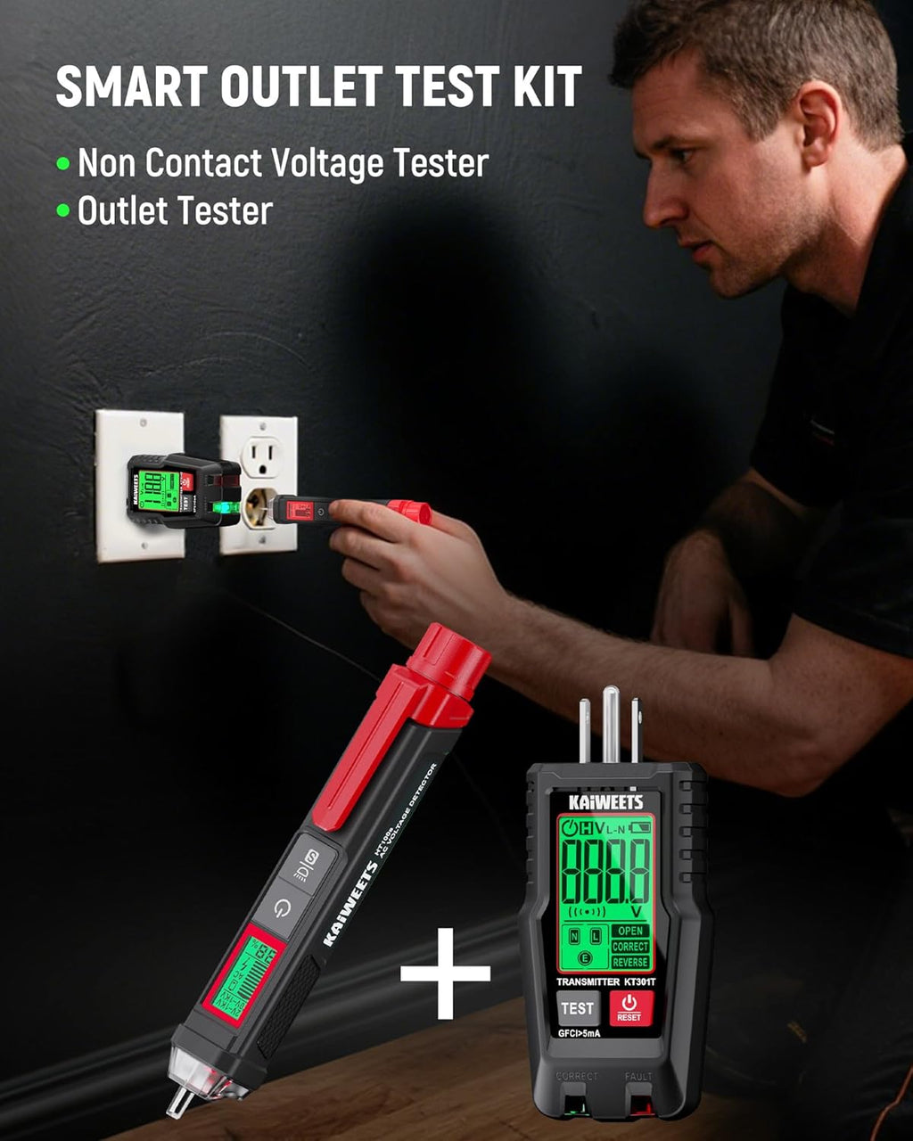 KAIWEETS Electrical Test Kit, Non-Contact Voltage Tester and GFCI Outlet Tester with LCD Display, Wiring Fault Checker, Outlet Tester Kit for Electrician, DIY, 2-Piece