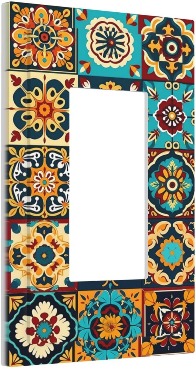 Mexican Talavera Ceramic Tile Moroccan Boho Decorative Outlet Covers 1 Gang Single Rocker Light Switch Cover Plate Wall Plates GFCI Faceplate for Bathroom Kitchen Decor
