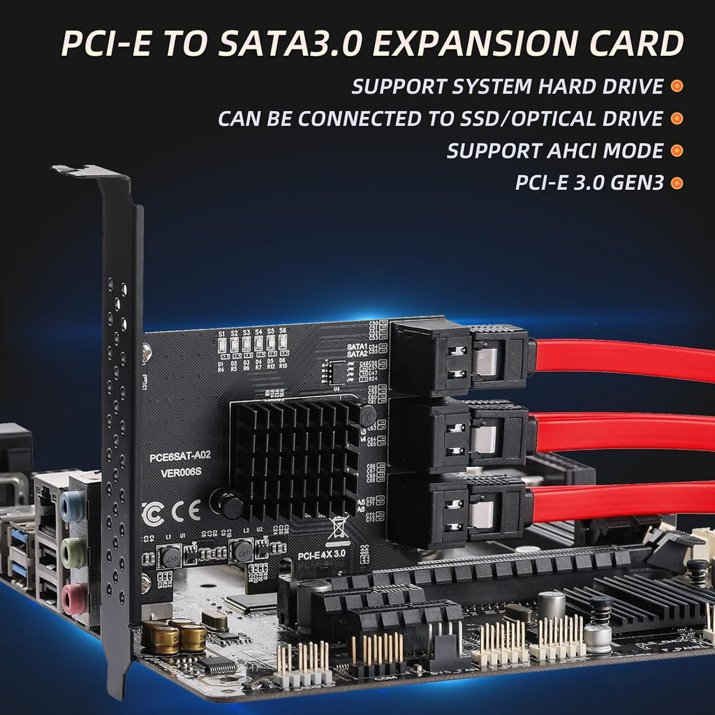 PCIe SATA Expansion Card 6 Ports 4X with ASM1166 Chip - 6Gbps, Gen 3 Controller Adapter, Non-Raid, with 6 SATA Cables & Low - Profile Bracket, Plug and Play for Windows XP/7/8/10, Linux, MAC OS