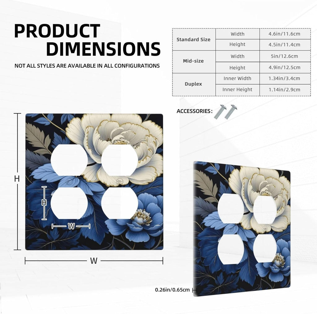Decorative Outlet Covers Rustic Blue White Flowers Big Floral 2 Gang Wall Plate Double Duplex Light Switch Cover Switch Plate Covers Faceplate for Country Bedroom Home Decor