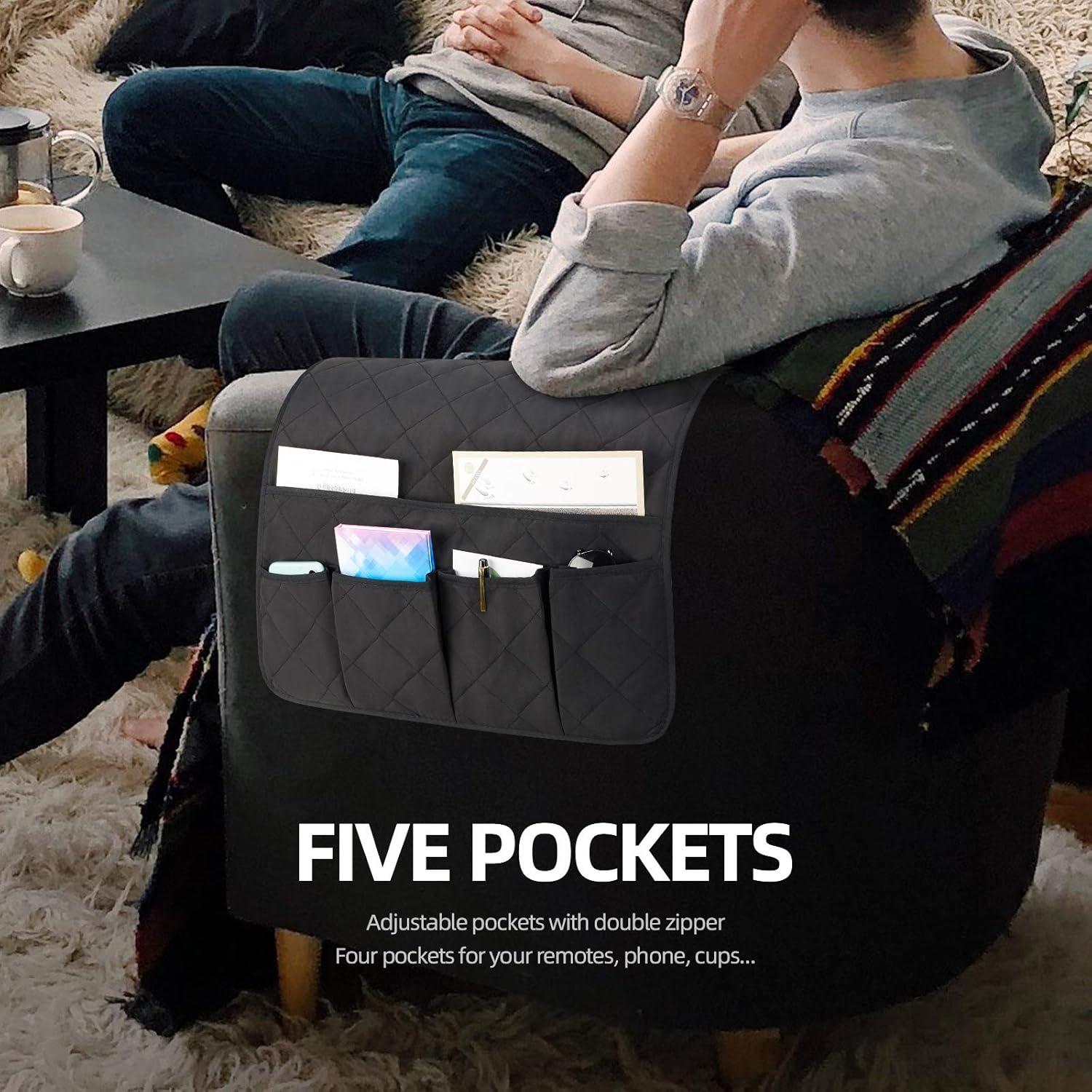 Teniux Remote Control Holder Non-Slip Couch Sofa Chair Armrest Organizer with 5 Pockets Armchair Caddy for Smart Phone, Book, Magazines, Ipad (Widened-Black (19''))
