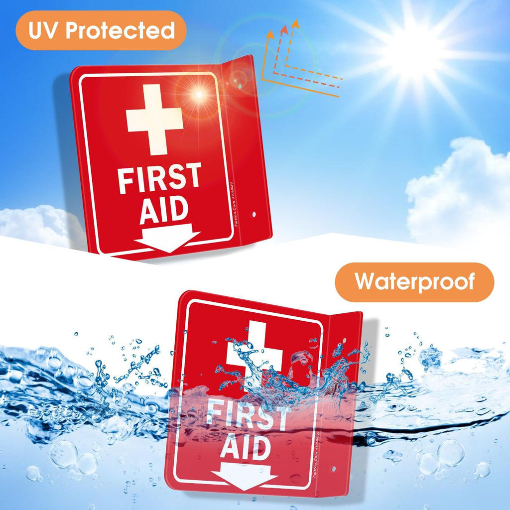 Faittoo First Aid Sign, 2 Pack First Aid with Cross Symbol - 6 x 6 Inches Acrylic Plastic, 2 Pre-Drilled Holes, Includes Matching Screws, Use for Home Office/Business