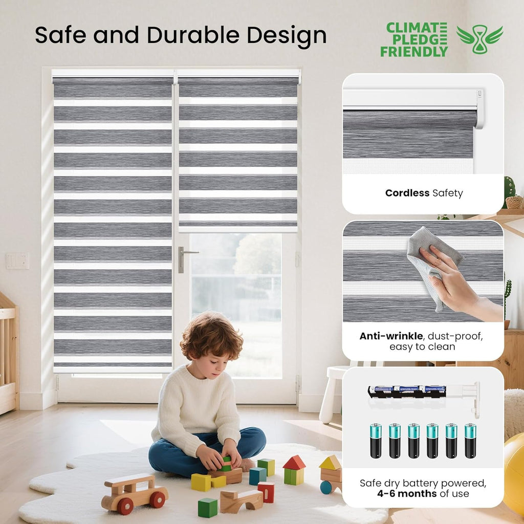 Grandekor Motorized Zebra Blinds with Remote Control,Smart Zebra Blinds for Windows,Electric Zebra Shades, Hemp Grey,31" W x 72" H