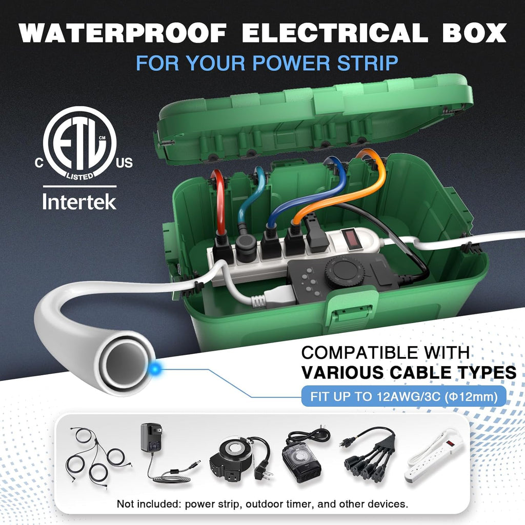 Flemoon IP54 Waterproof Electrical Box, Outdoor Plug Cover Weatherproof, for Outdoor Outlet, Timer, Extension Cord, Power Strip, String Light, Green