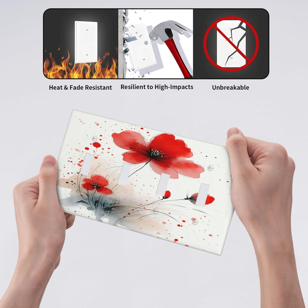 Vintage Watercolor Red Flowers Floral Light Switch Covers Quad Toggle 4 Gang Wall Plate Decorative Switch Plates Electrical Faceplate for Bedroom Bathroom Decor