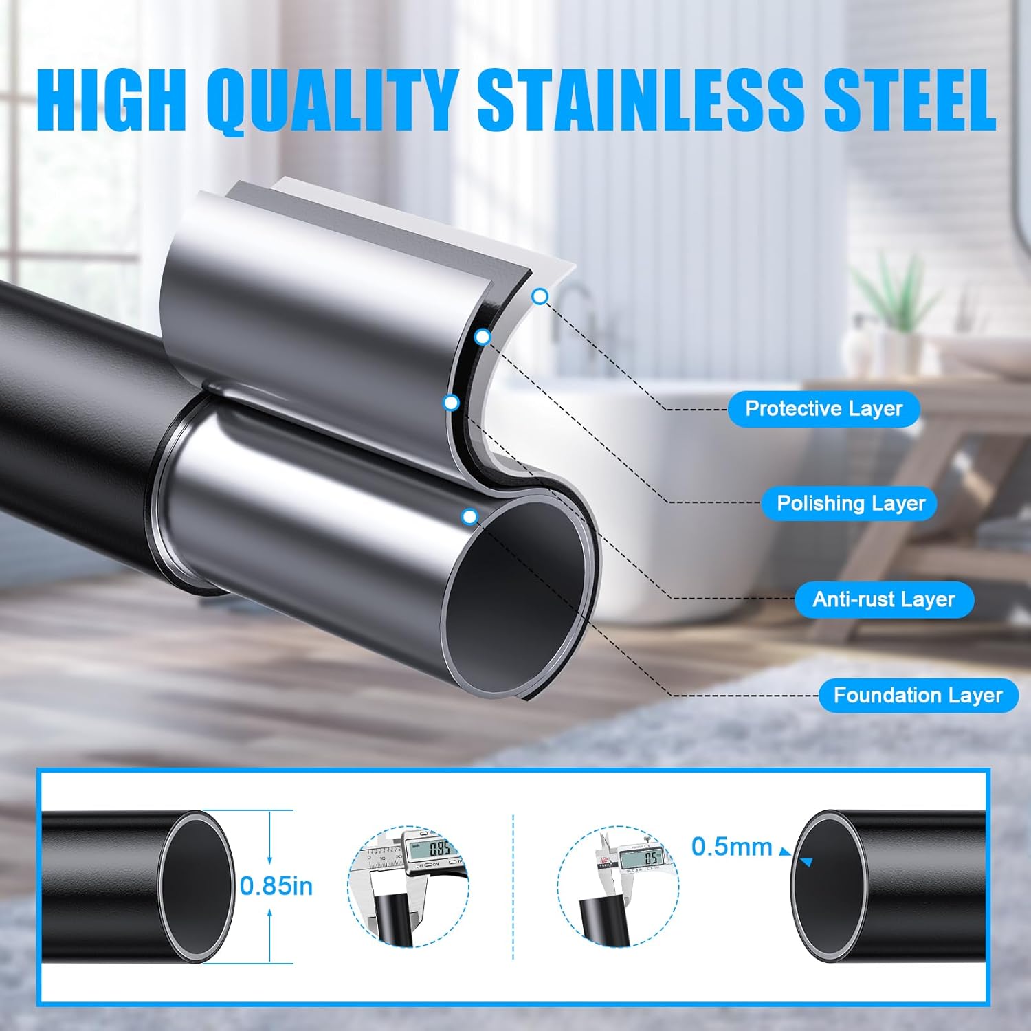 TEECK Shower Curtain Rod, 32-104 inch Adjustable Spring Tension Curtain Rod, Never Rust Anti-Slip Shower Curtain Rod for Bathroom, No Drilling, Never Collapse, Easy to Use, Black