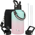 Half Gallon Insulated Water Bottle with Straw,64 oz 3 Lids Water Jug with Carrying Bag,Paracord Handle,Double Wall Vacuum Stainless Steel Metal Flask,Gum