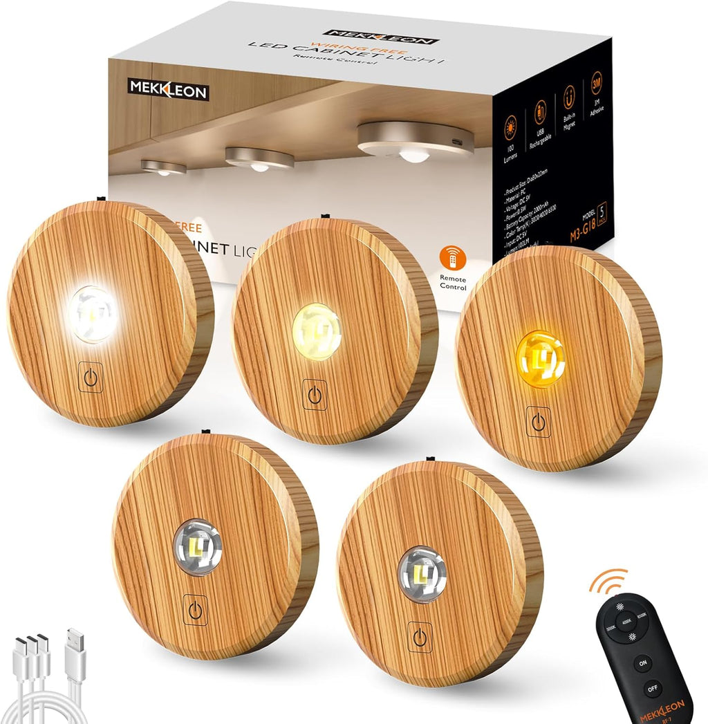 Puck Lights Cordless with Remote Control, 2200mAh Rechargeable Under Counter Lighting,3 Color Temperatures Dimmable Under Cabinet,Closet Light,Tap Light for Hallway (Wood, 5PCS)