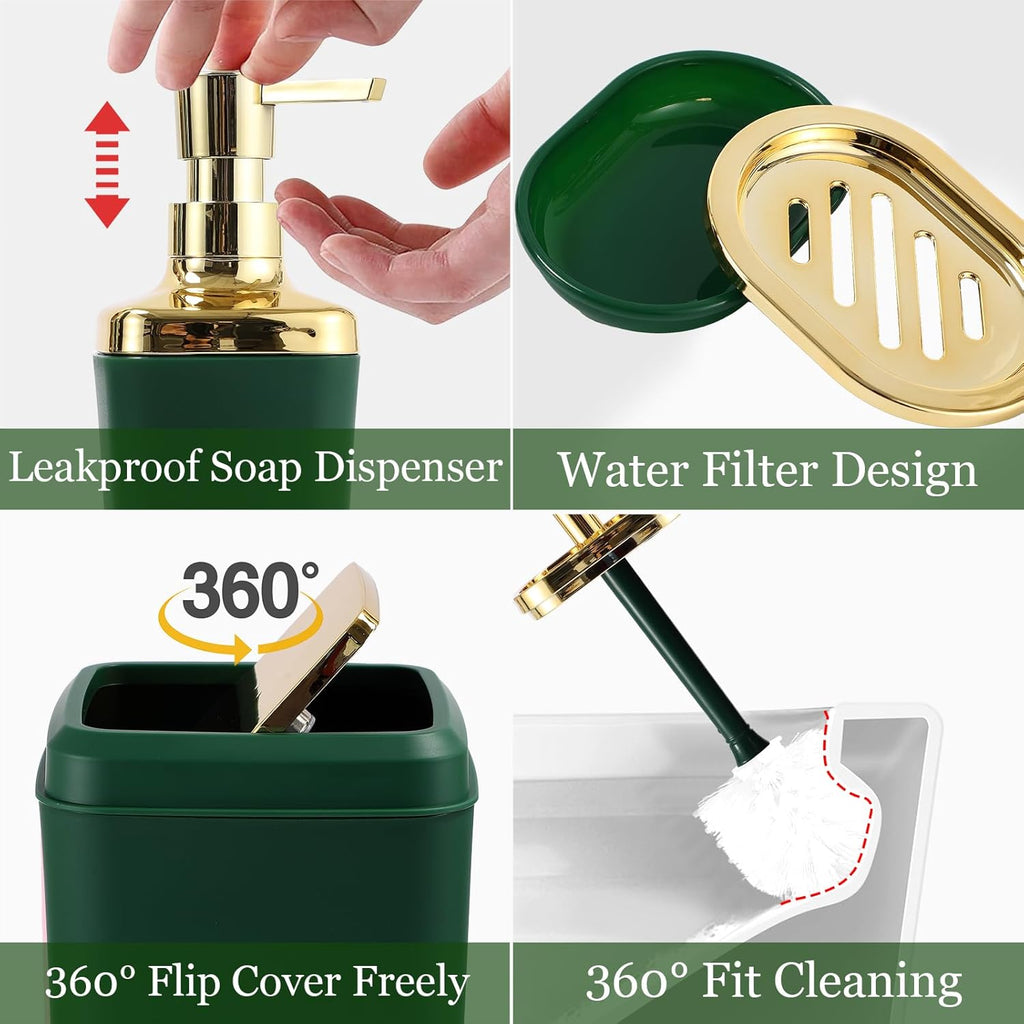 Green and Gold Bathroom Accessories Set, Bathroom Sets with Shower Curtain, Green Bathroom Accessories with Trash Can, Soap Dispenser, Soap Dish, Toilet Brush Holder, Qtip Holders