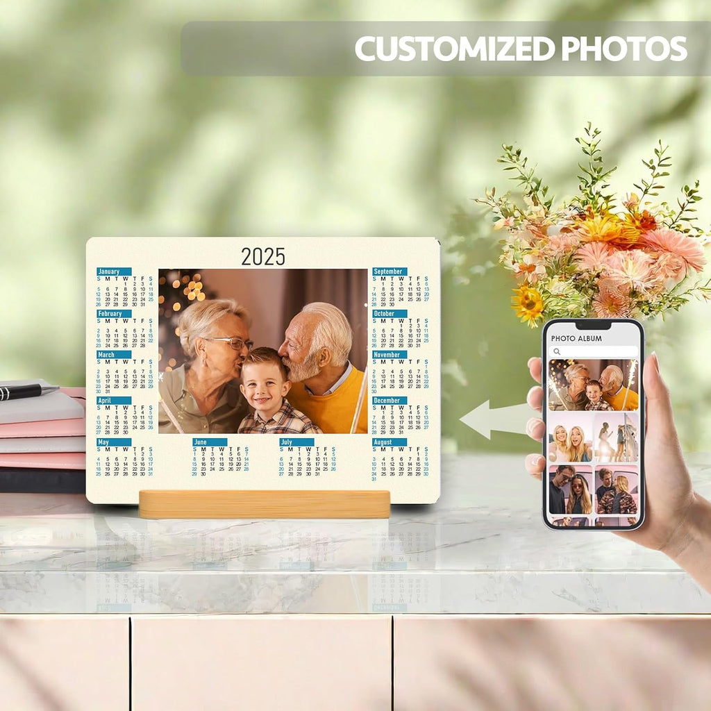 Custom Photo Prints - Metal Desktop Picture Frame with Photos & calendar & Wooden Base Personalized Gifts for Family Friends and Lovers, Optional Multiple Sizes
