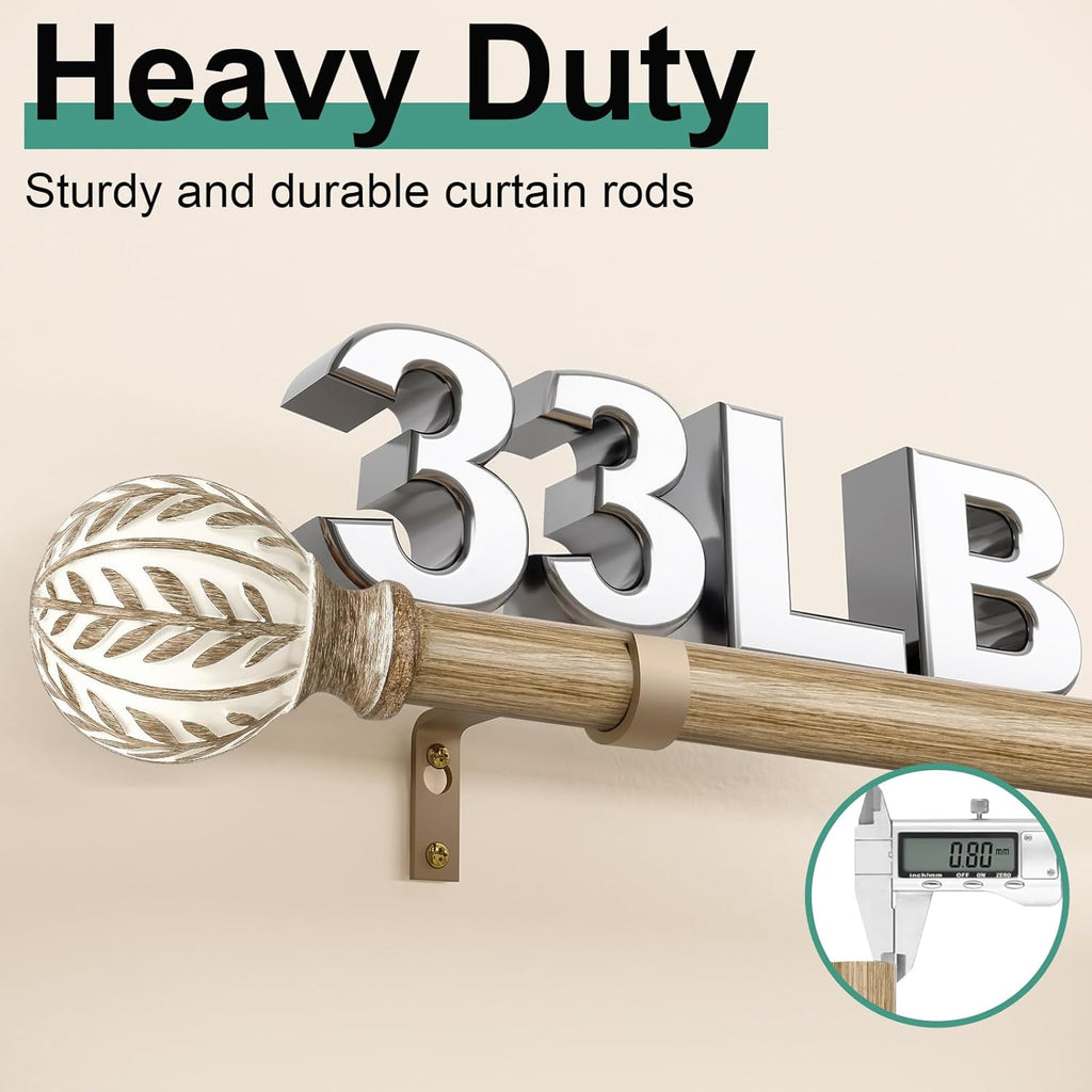 Boho Wood Curtain Rods for Windows 28 to 48 inch,1" Adjustable Heavy Duty Window Curtain Rod with Imitation Wood Grain Finials,Rustic Decorative Drapery Rods Set,Size:18-60'',Weathered Wood