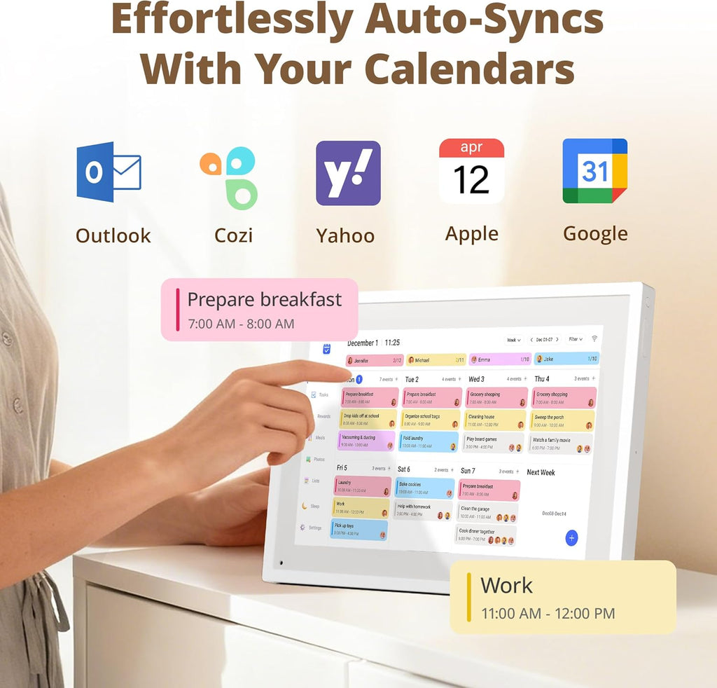 Dragon Touch 10.1 inch Digital Calendar Chore Chart – Interactive Touchscreen, Smart Family Planner, Hearth Display Desk Digital Calendar Seamless Scheduling white