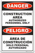 Brimar - 12" x 18" - Bilingual Danger Construction Area Authorized Only Sign - .055″ Polyethylene Plastic - Bold Text - Easy Installation