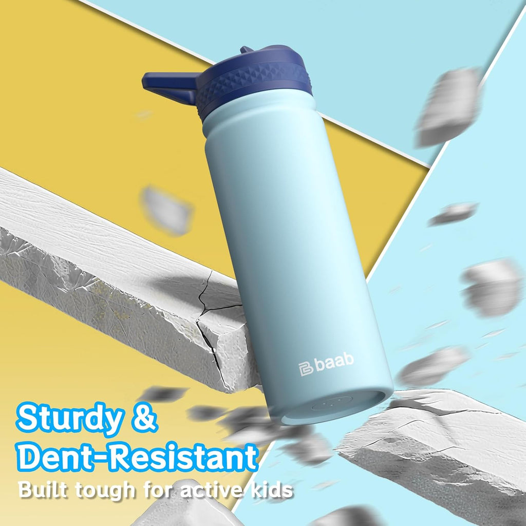 baab 18oz Kids Water Bottle, Insulated Water Bottle with Straw & Stickers, 18/8 Stainless Steel Vacuum Leakproof Kids Water Straw Cup for School, Perfect for Boy Girl (Light Blue, 1 Pack)