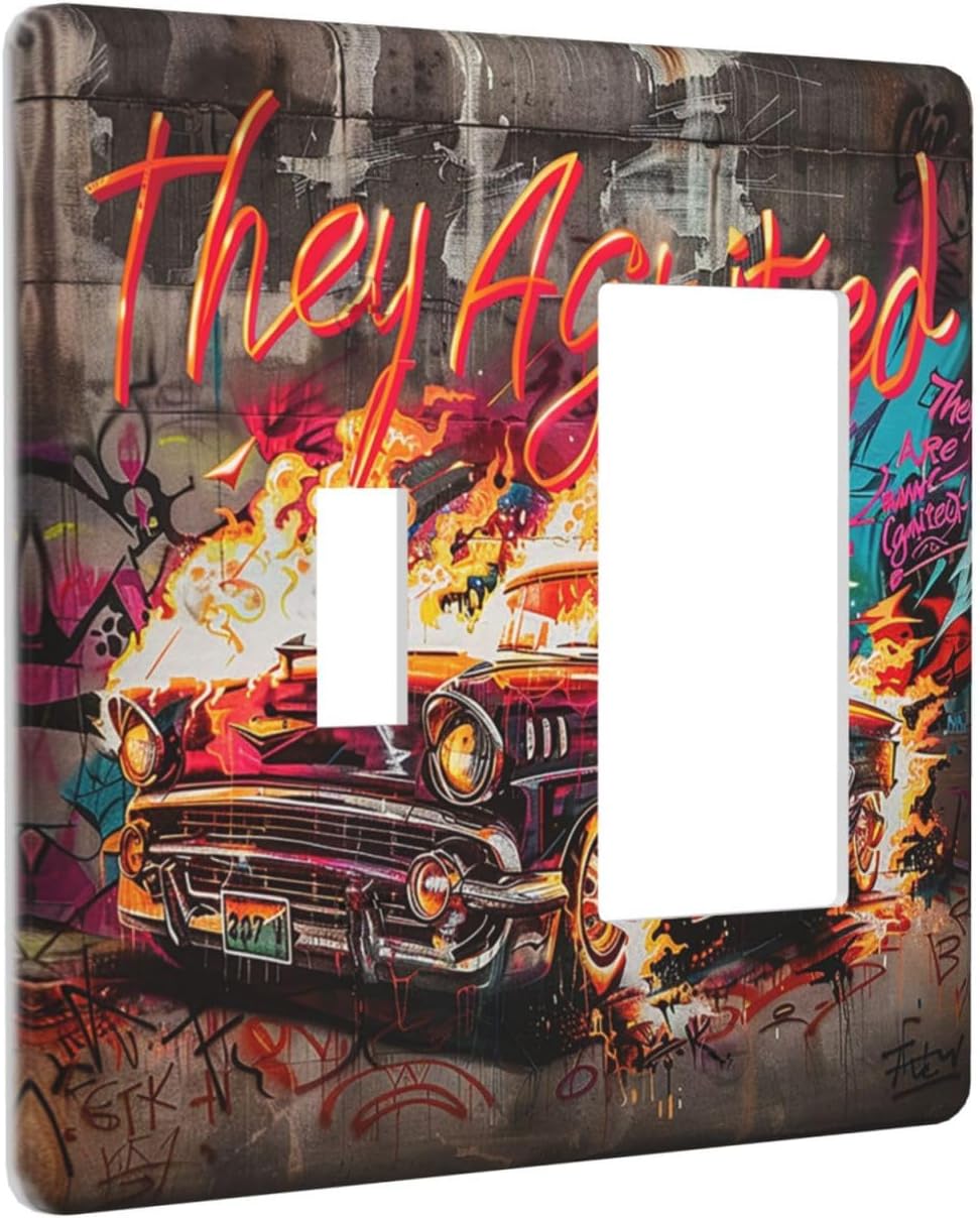 Outlet Covers Hip Hop Street Graffiti Flame Car 1 Toggle 1 Rocker Combination Decorative Wall Plate Electrical Switch Plates Light Switch Cover Plate for Bedroom living Room Decor