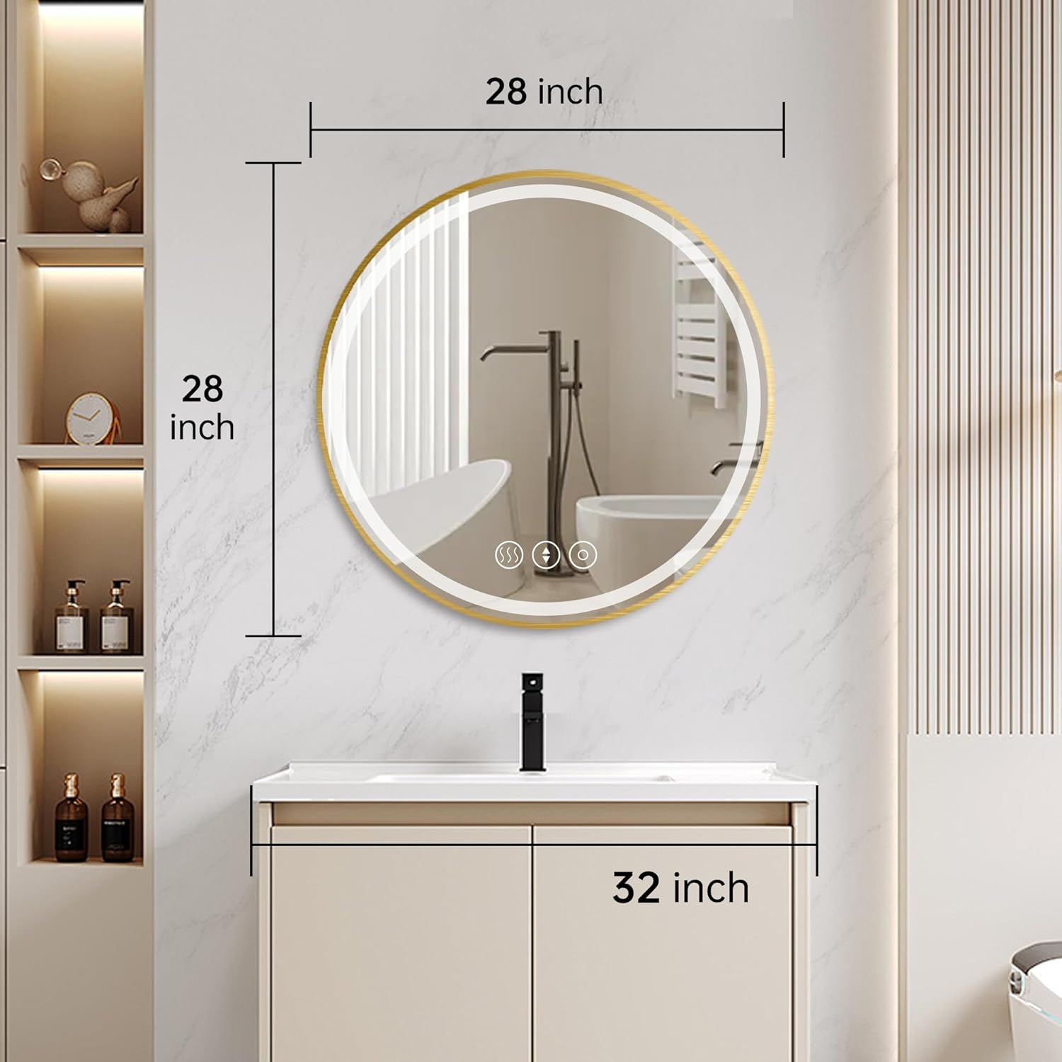 Gold Round Mirror 28 Inch, Metal Framed Frontlit Bathroom Mirror, Circle Mirrors for Wall, Led Light Mirror with Anti-Fog, Memory Function, 3 Color Temperature, Dimmable Makeup Mirrors
