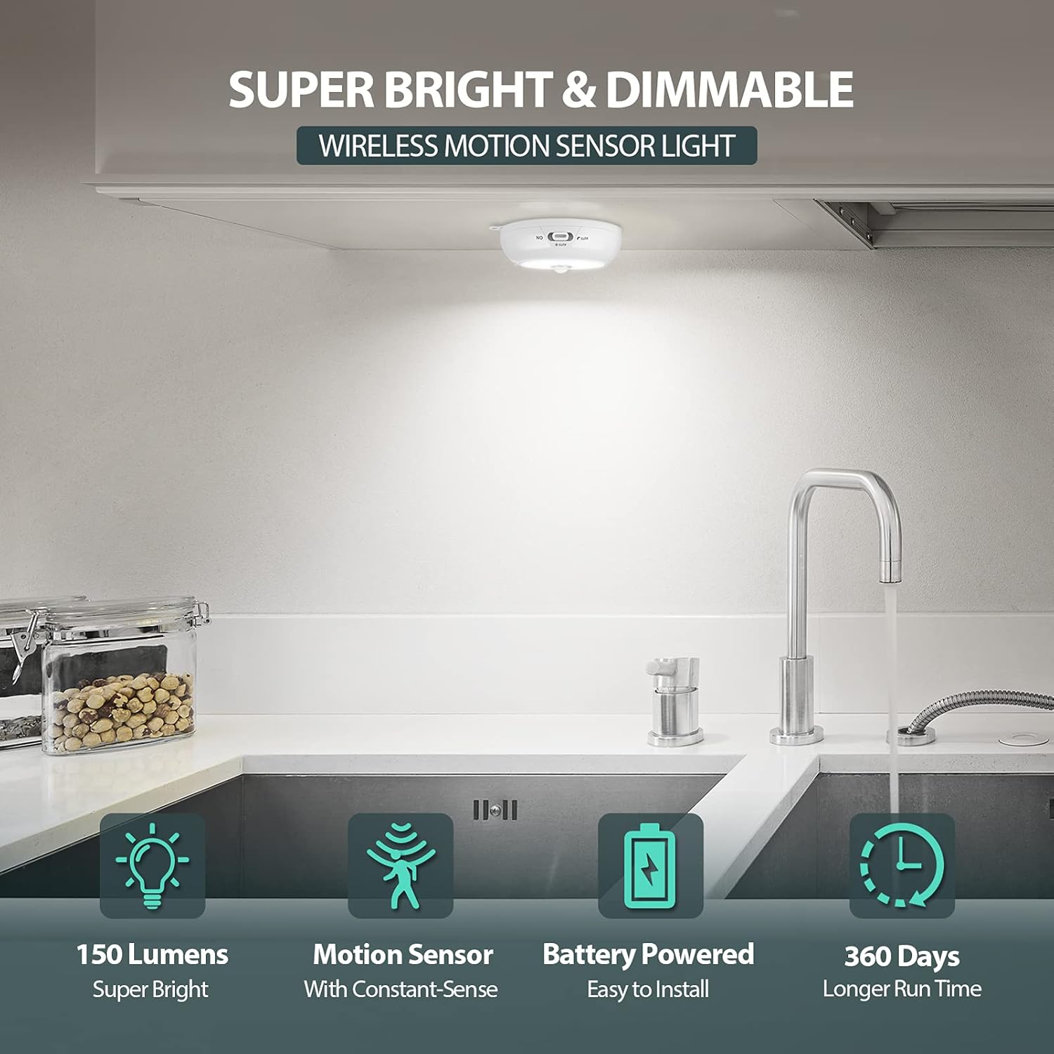 Motion Sensor Light Indoor, Under Cabinet Light, Ceiling Lights, AA Battery Operated Stick on Wireless Puck Lights for Wall, Step, Stair, Dimmable (6 Packs)