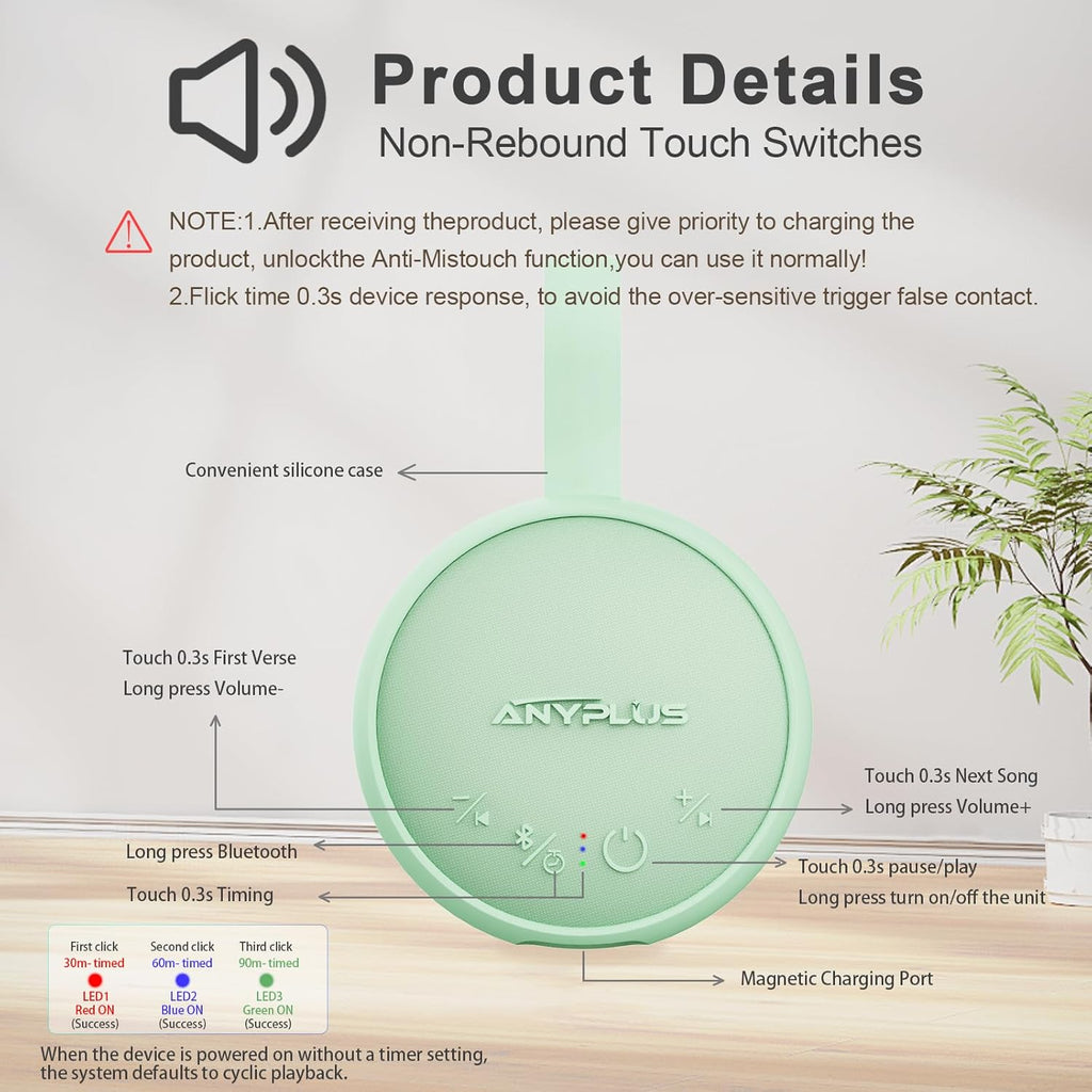 White Noise Sound Machine, Portable Sound Machine for Sleeping Adults & Baby, with Bluetooth 5.1/24 Soothing Sounds/Battery Powered/3 Timer Memory Function for Office/Bedroom/Travel（Green）