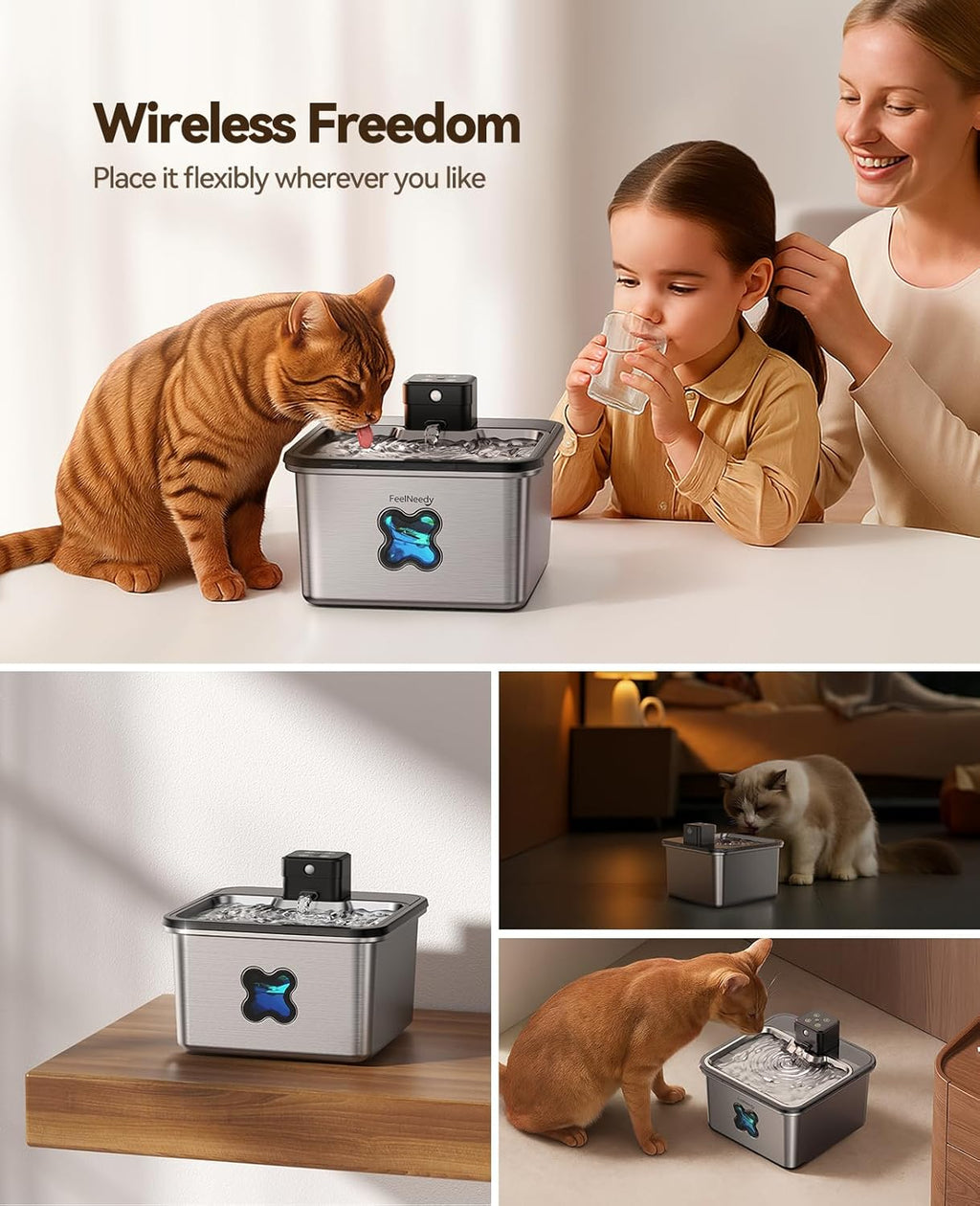 Cat Water Fountain Cordless: [Visual Filter] & [Heavy-Duty Stainless Steel] FEELNEEDY- Premium, Durable Design. 3.2L/108oz, 4000mAh Battery Operated Pet Fountain with Sensor, for Cats and Dogs