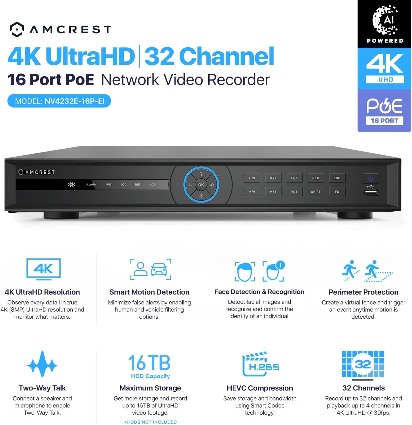 Amcrest 4K 32-Channel AI NVR (16-Port PoE) Smart NVR, Facial Recognition, Facial Detection & Vehicle Detection - Supports 32 x 4K IP Cameras, Supports up to 2 x 16TB HDD (Not Included) NV4232E-16P-EI