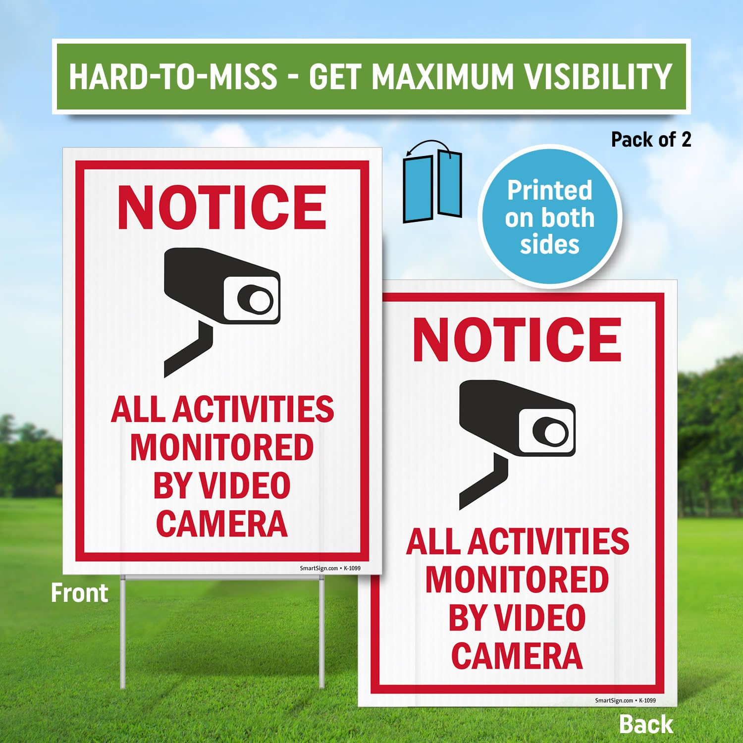 SmartSign (2-Pack) All Activities Monitored By Video Camera Yard Sign with 15" Metal H-Stake 9" x 12", Double Sided Sign with Camera Symbol, 160 mil Thick Corrugated Plastic Lawn Signs, USA-Made