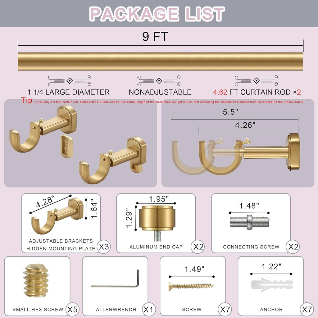 Heavy Duty Curtain Rods,1 1/4" Large Diameter Premium Nonadjustable Curtain Rod,108in/9ft Custom Window Treatment Rods with Durable Aluminum Brackets and End Caps,Gold Finish