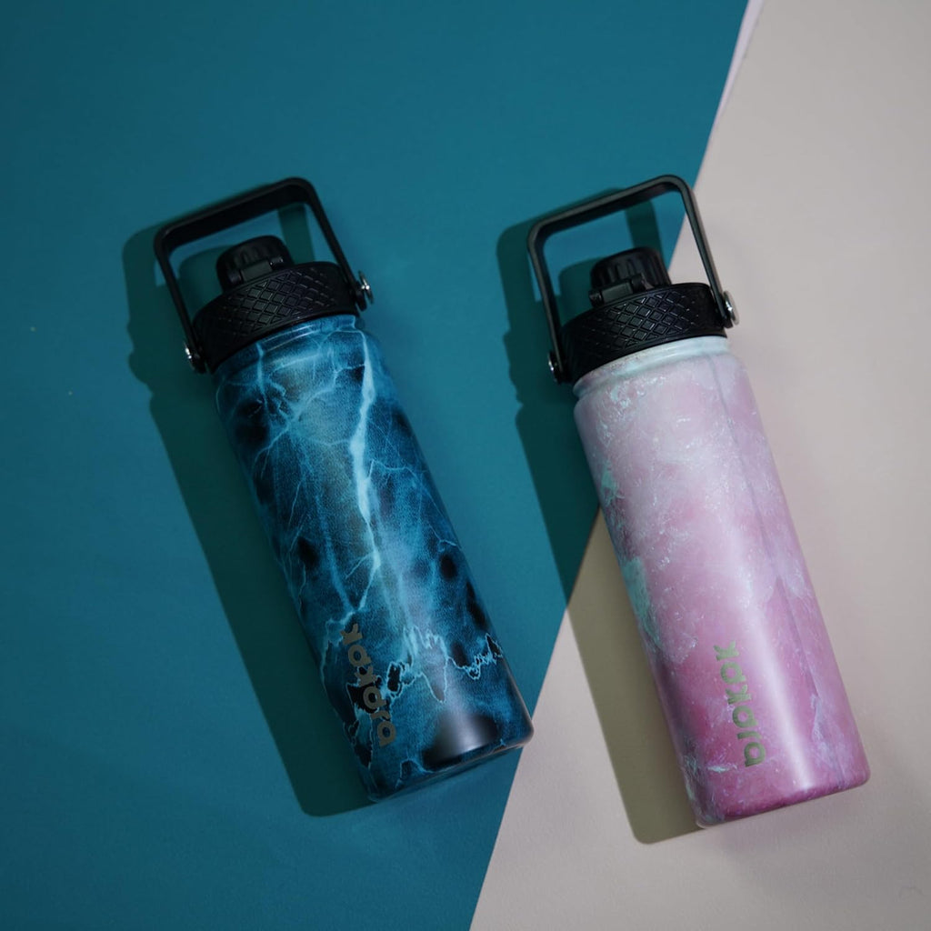 BJPKPK 2 Pack Insulated Water Bottles with Straw Lids, 18oz Stainless Steel Metal Water Bottle with 6 Lids, Leak Proof BPA Free Jugs, Cups, Flasks for Travel, Sports (Blossom+Ocean)