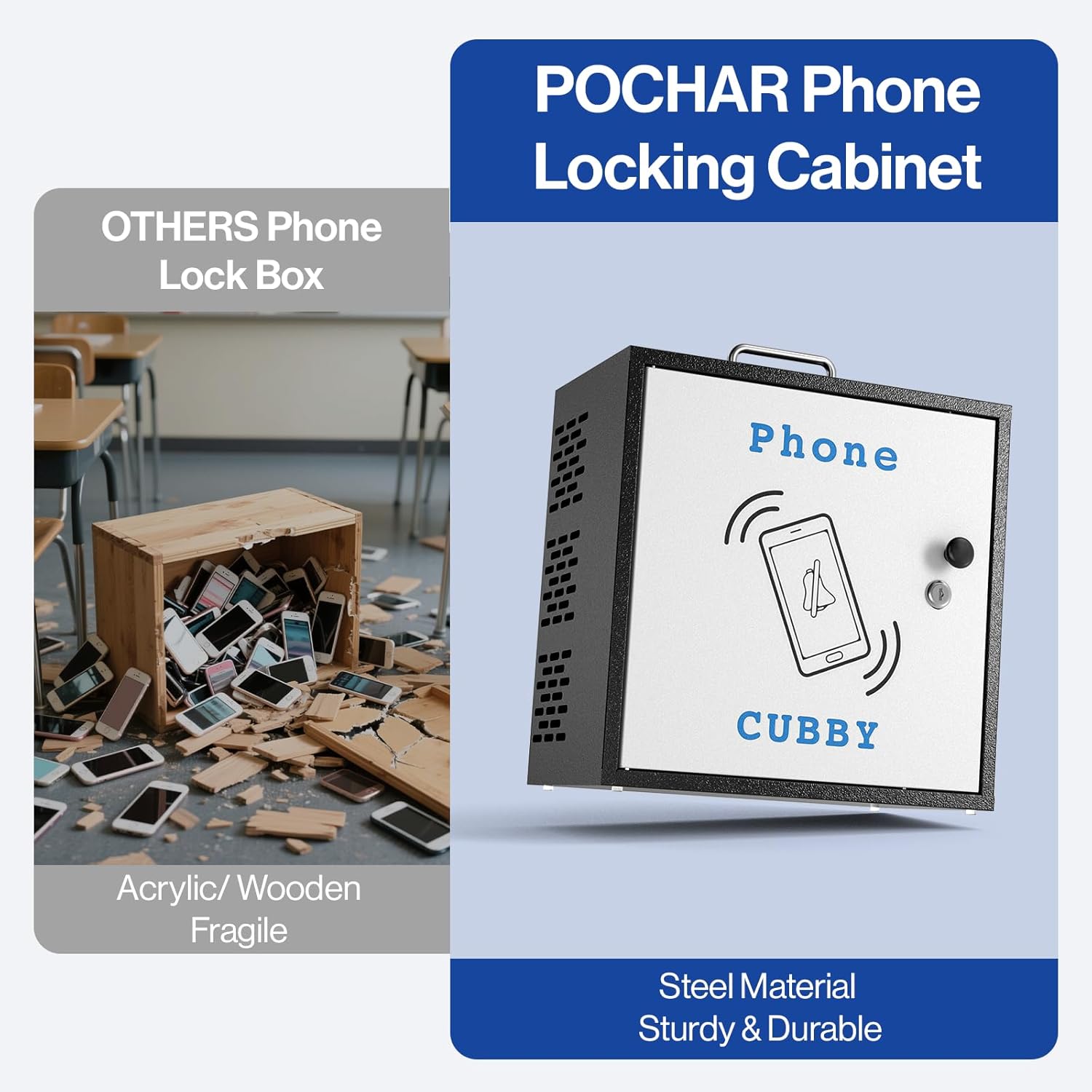 POCHAR Metal Cell Phone Storage Cabinet with Lock 30 Slots Desktop Holder for Classroom and Office,Wall-Mounted Phone Box, Portable Cell Phone Cubby