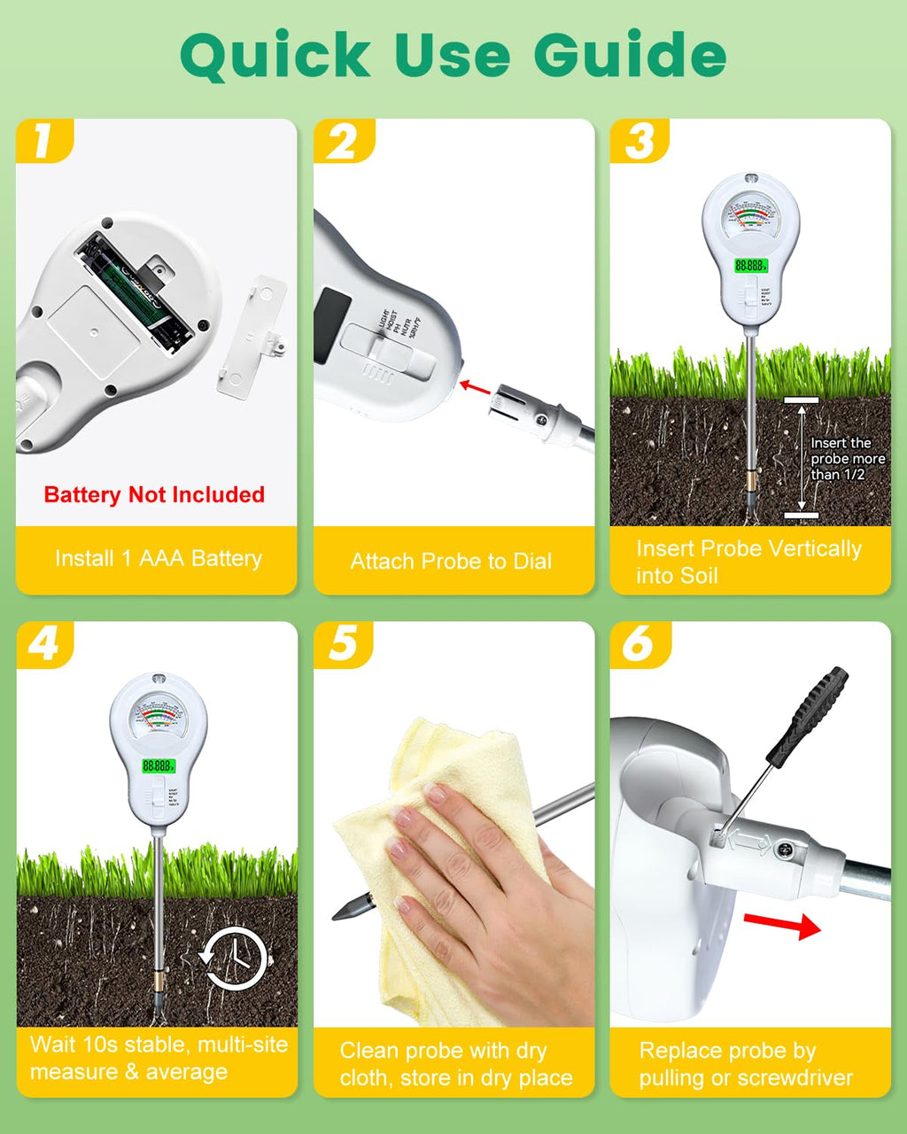 6-in-1 Soil Tester with 3 Probes - Soil Moisture, pH, Fertility, Temperature, Light & Air Humidity Meter, Soil Test Kit for Garden, Lawn, Indoor and Outdoor Plants