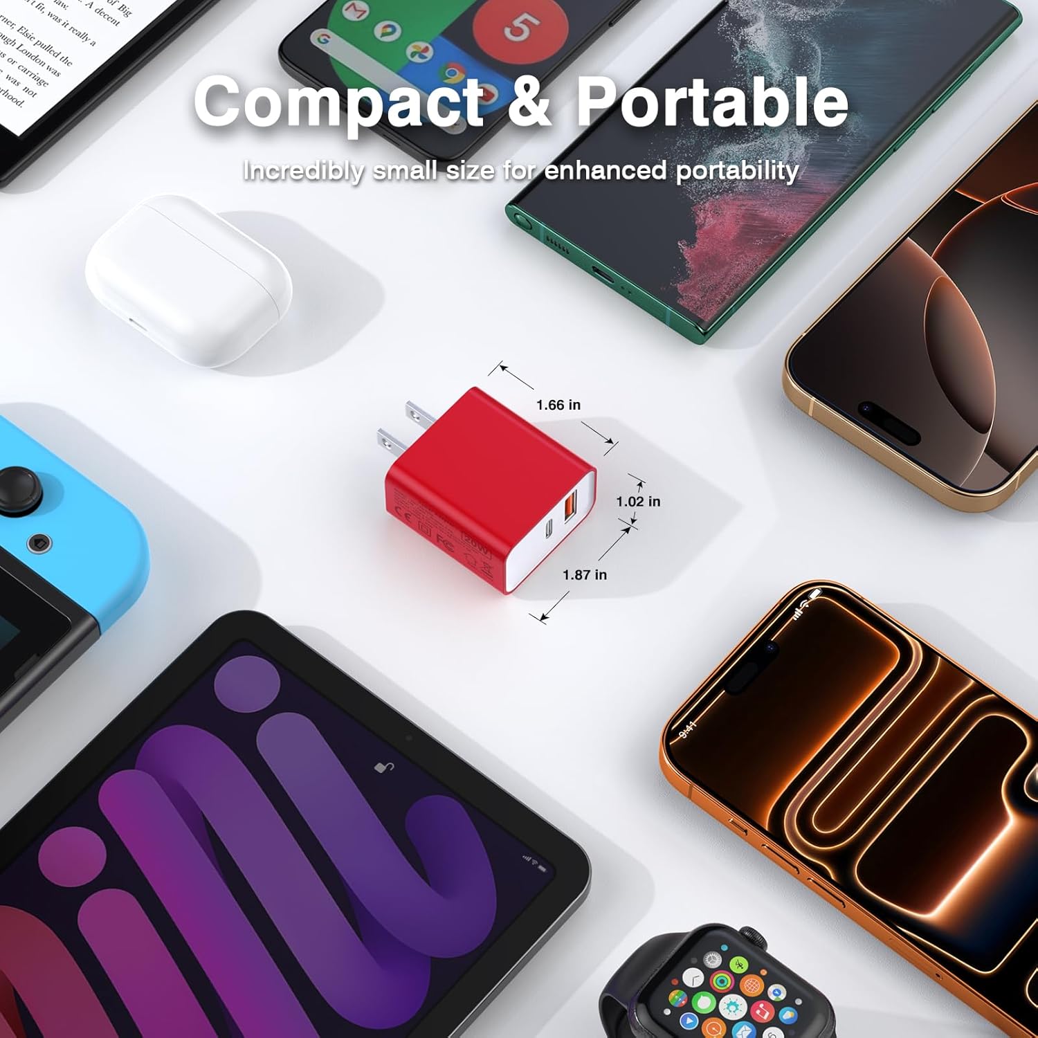 2Pieces USB C Wall Charging Block, 20W 2Port Fast USBC PD3.0 Power Adapter Type C Charger Brick Cube Plug for iPhone 13 14 15 16 17 Pro Max Mini 11 XS X 8, iPad, Samsung, Google, Tablet, Android, Red