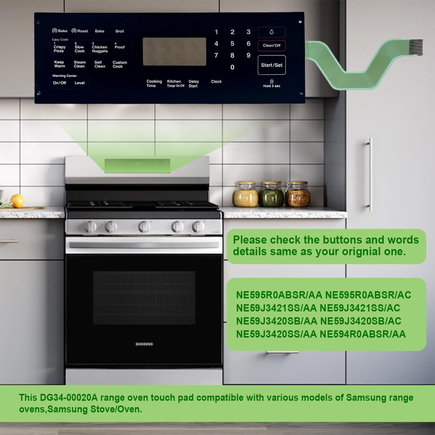 DG34-00020A Range Membrane Switch Touchpad Overlay-Compatible with Samsung Stove/Oven,Replaces AP5623392,PS4240764,NE594R0ABSR,NE59J3420SS,NE59J3420SB, NE59J3421SS,NE595R0ABSR-Touch Panel