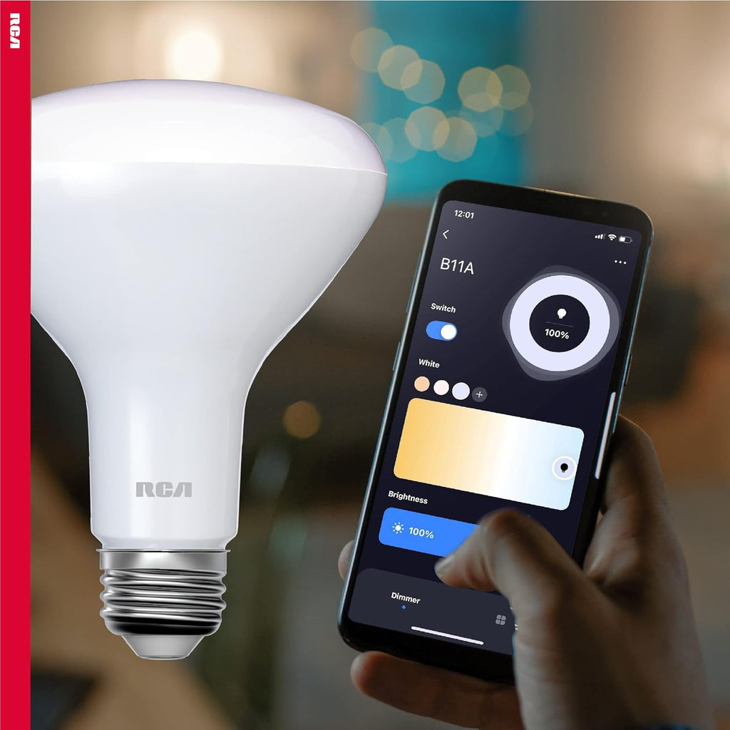 RCA Dimmable Smart Light Bulbs, 1-PK | BR30 WiFi LED Light Bulb | Indoor Flood LED Bulbs | 9W (60W Eq) | 2700K Soft White, 720 Lumens, E26 Base | Voice Activated Lights, Google & Alexa Light Bulb