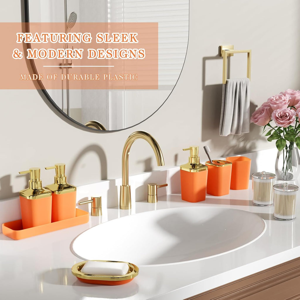 Bathroom Accessory Set, 11PC Bathroom Set, Orange Bathroom Accessories, Bathroom Accessories Set with Trash Can, 3PC Soap Dispensers and Toilet Brush