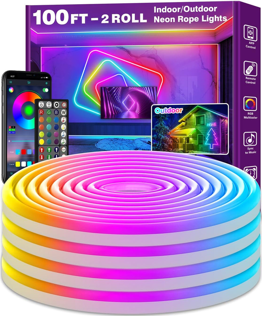 AILBTON 100Ft Neon Rope Lights,Flexible Led Rope Lights Control with App/Remote,Multiple Modes Music Sync Gaming RGB Led Neon Lights for Bedroom Outdoor