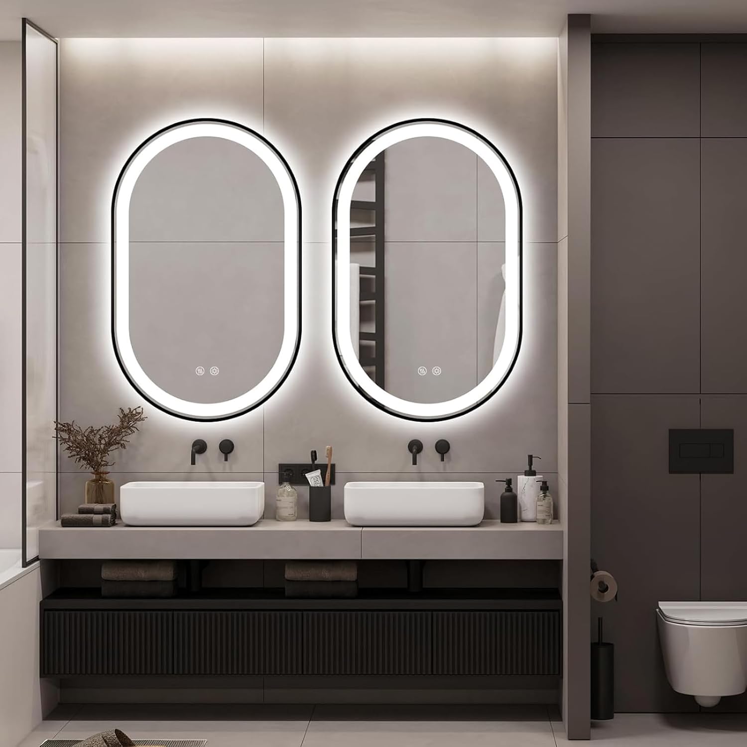 Niccy Oval LED Mirror for Bathroom, 32x20 Front Lit + Backlit Vanity Mirrors with Light Anti-Fog, Shatter-Proof, Makeup Mirror with Black Frame (Horizontal/Vertical)