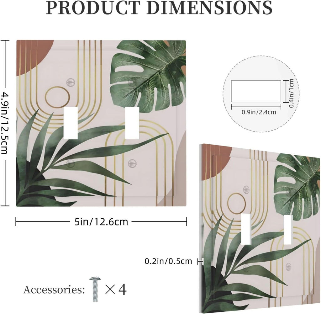 Decorative Light Switch Plate Covers Boho Mid Century Arch Green Leaves 2 Gang Light Switch Cover Plate Double Toggle Wall Plate Outlet Covers for Bedroom Home Decor（2 Pack）