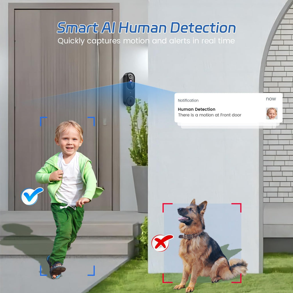 1080P Wireless Video Doorbell Camera, Night Vision, Cloud Storage (Sold Separately), 2.4GHz Wi-Fi Only, Smart AI Human Detection, Real-Time Alert, 2-Way Audio, Battery Powered