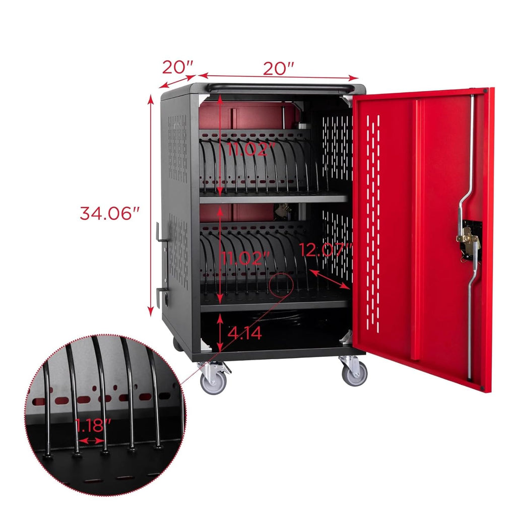 32 Unit Laptop Charging Cart Station, Mobile Charging Cabinet with Built-in Power Strip and Cable Organizers, Laptop Storage Box with Secure Locking & Wheels for Classrooms, Offices, Black
